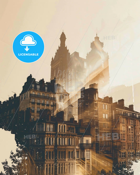 Saint-Etienne Cityscape Silhouette Poster Art - A double exposure of a building