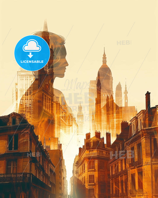 Saint-Etienne Skyline Silhouette Poster Art - A double exposure of a woman in a city