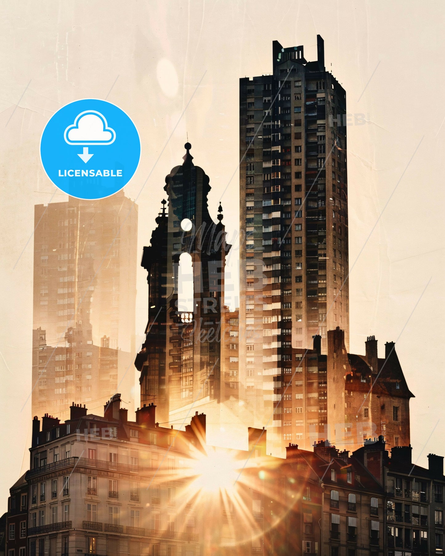 Saint-Étienne Skyline Double Exposure Art Poster - A sun shining through a city