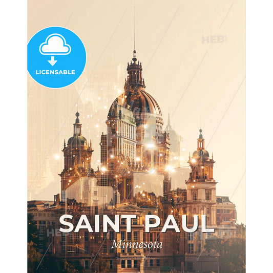 Saint Paul Cityscape Double Exposure Poster Art - A city skyline with many buildings - Square format print template