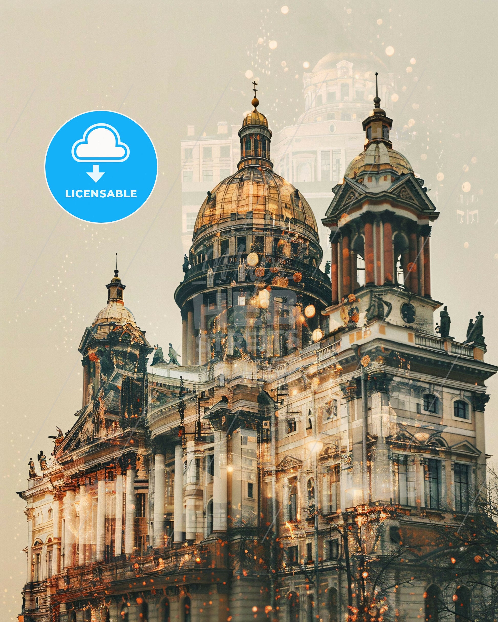 Saint Petersburgs Double Exposure Skyline Poster - A building with a dome shaped roof