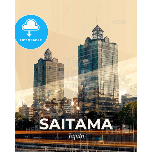 Saitama Skyline at Twilight, Beige Background - A group of tall buildings with trees and a street in the background - Square format print template