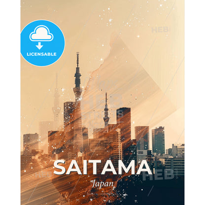 Saitama: Double Exposure Skyline Art - A city skyline with a large tower - Square format print template
