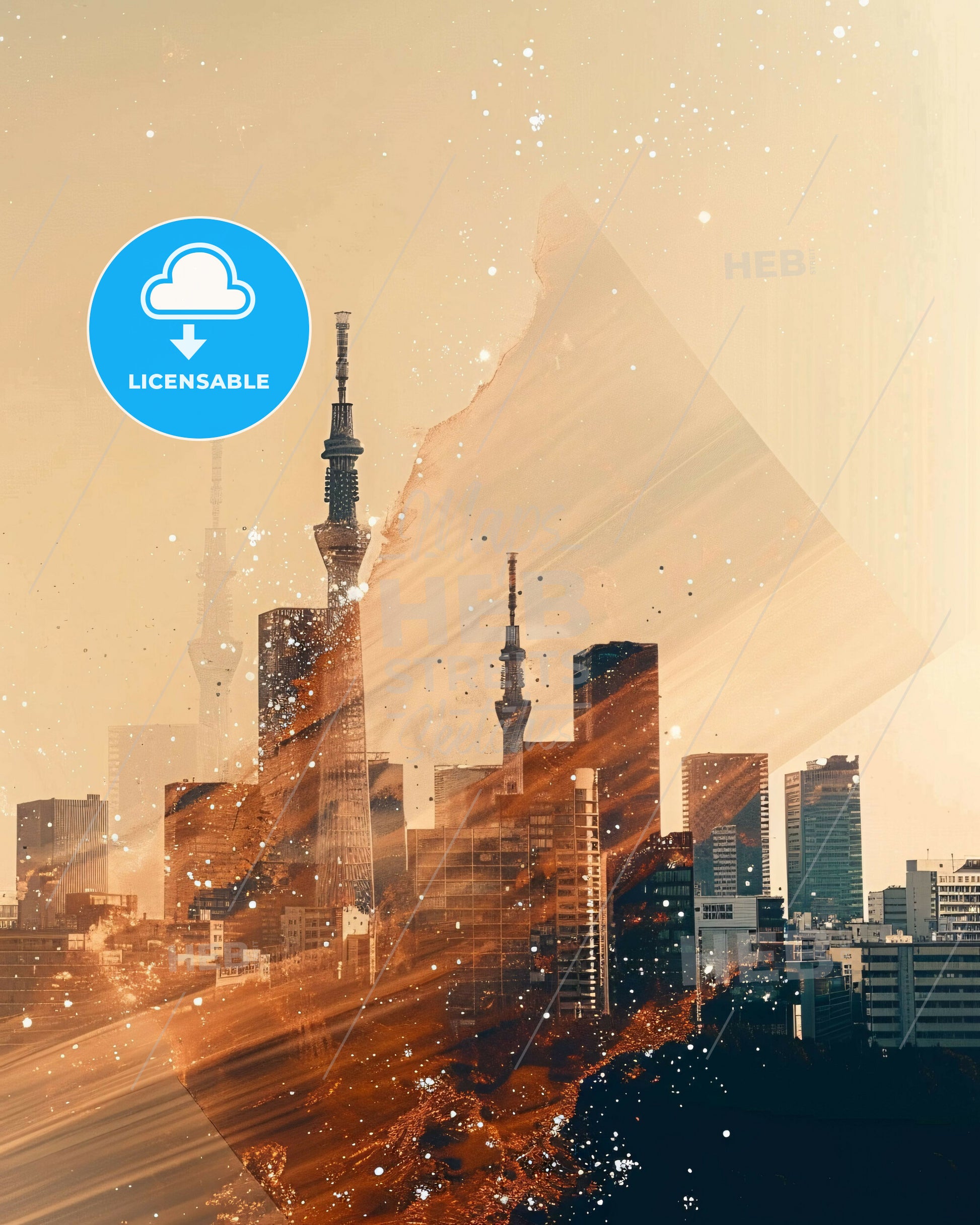 Saitama: Double Exposure Skyline Art - A city skyline with a large tower