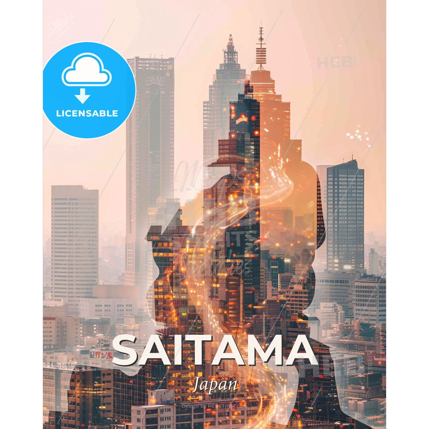 Saitama Skyline Double Exposure Art Poster - A double exposure of a person in a city - Square format print template