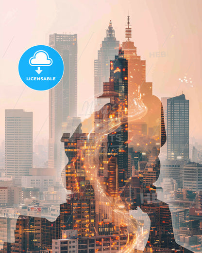 Saitama Skyline Double Exposure Art Poster - A double exposure of a person in a city