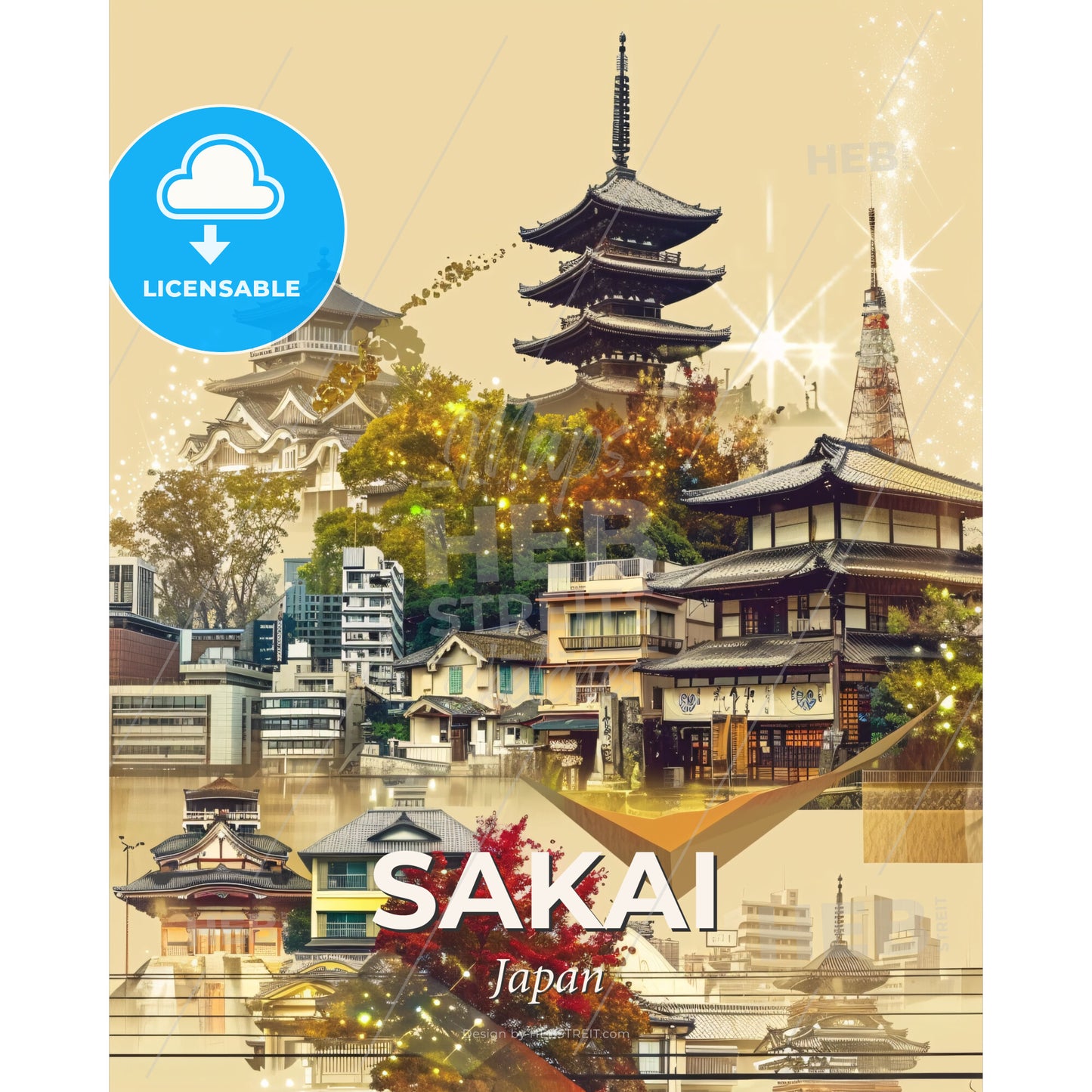 Sakai Skyline Art Deco Poster Beige - A city with buildings and trees - Square format print template