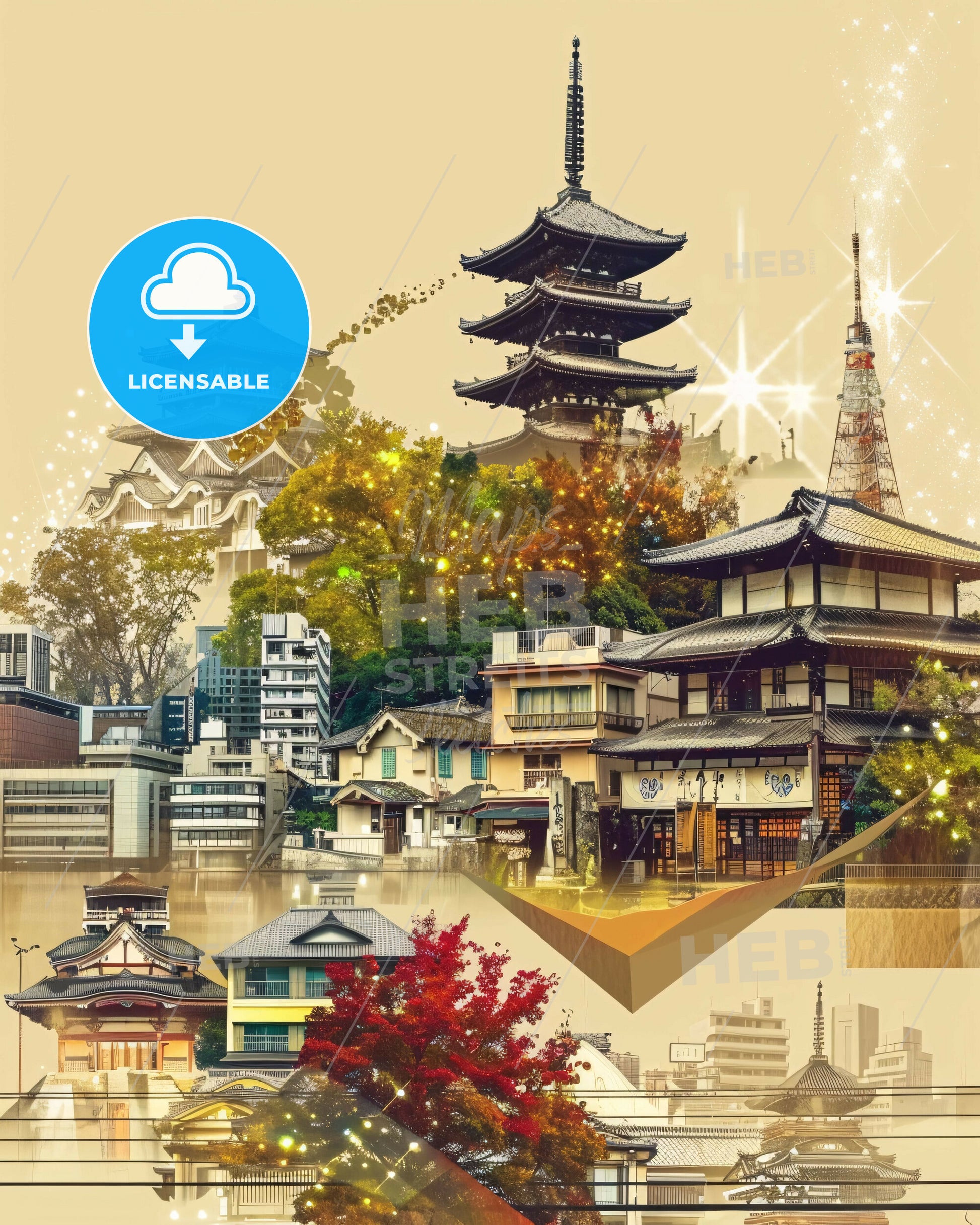 Sakai Skyline Art Deco Poster Beige - A city with buildings and trees