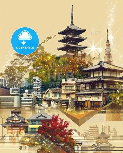 Sakai Skyline Art Deco Poster Beige - A city with buildings and trees