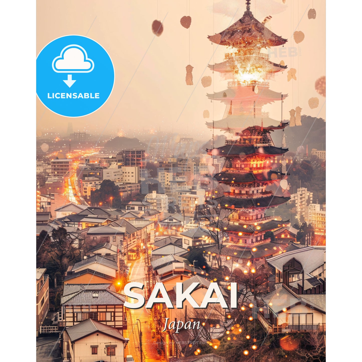 Sakai Skyline Double Exposure Bright Art Poster - A tower with a fire in the sky - Square format print template