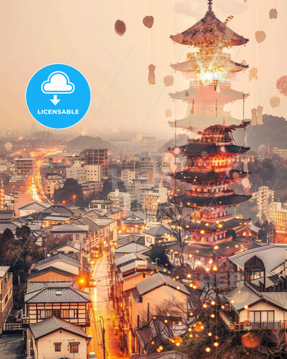 Sakai Skyline Double Exposure Bright Art Poster - A tower with a fire in the sky