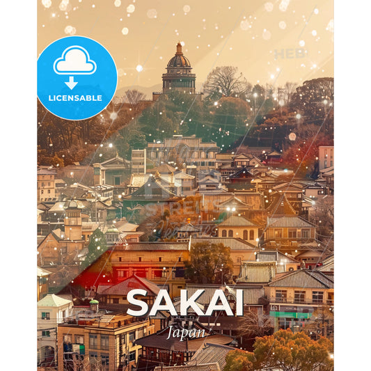 Sakai Japan Skyline Art: Beige Paper Sparklers - A city with many buildings and trees - Square format print template