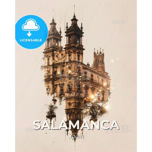 Salamanca City Iconic Skyline Double Exposure Art Print - A building with towers and towers - Square format print template