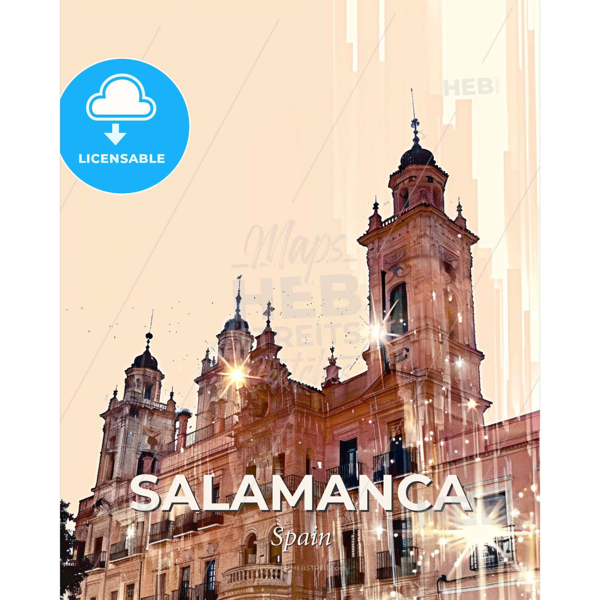 Salamanca Skyline Double Exposure City Icons Poster - A building with a tower - Square format print template