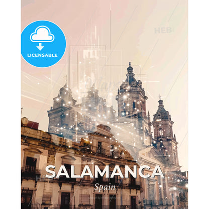Salamanca Skyline Double Exposure Composite Art Poster - A building with towers and a building with many windows - Square format print template