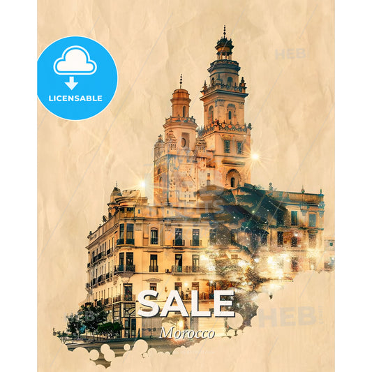 Sale, Morocco: Architectural Wonders in Double Exposure - A building with towers and lights - Square format print template