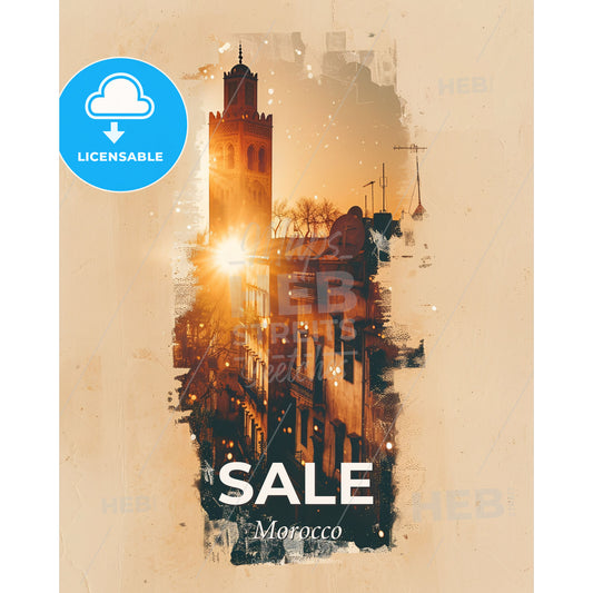 Sale, Morocco Skyline Double Exposure - A building with a tower - Square format print template