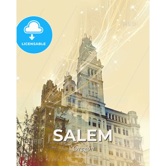 Salem: City Icons in Double Exposure Art - A building with a clock tower - Square format print template