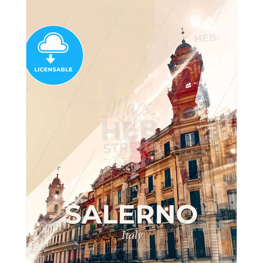 Salerno City Skyline Composite Poster Art - A building with a clock tower - Square format print template