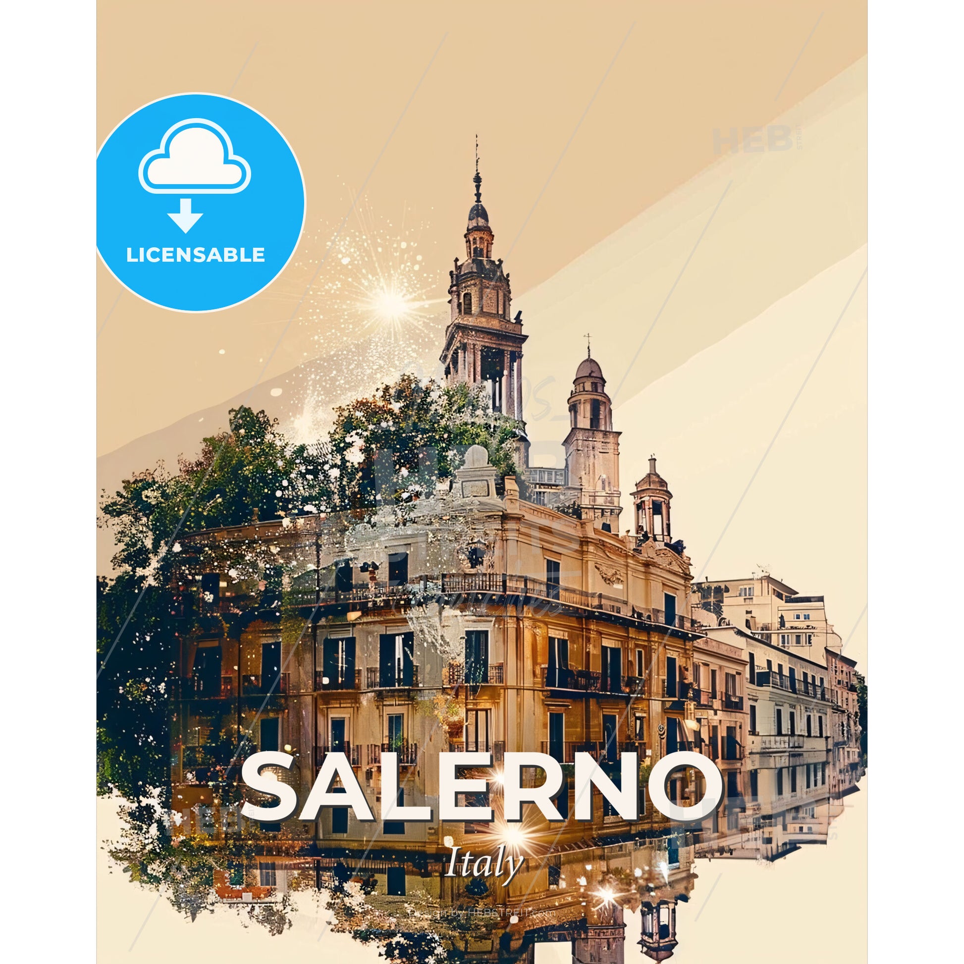 Salerno: Iconic Skyline Double Exposure Art - A building with a tower and trees in front of it - Square format print template