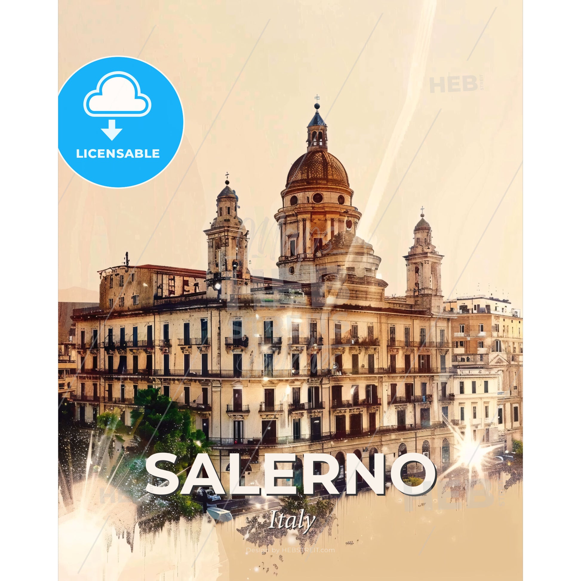 Salerno: Double Exposure Skyline Art with Subtle Backlights - A building with a dome on top - Square format print template