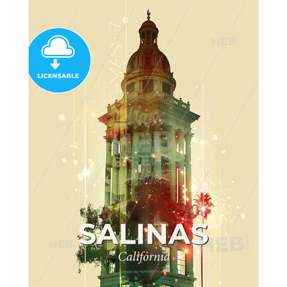 Salinas City Skyline Sunset Glow Poster - A building with a dome and a tree - Square format print template