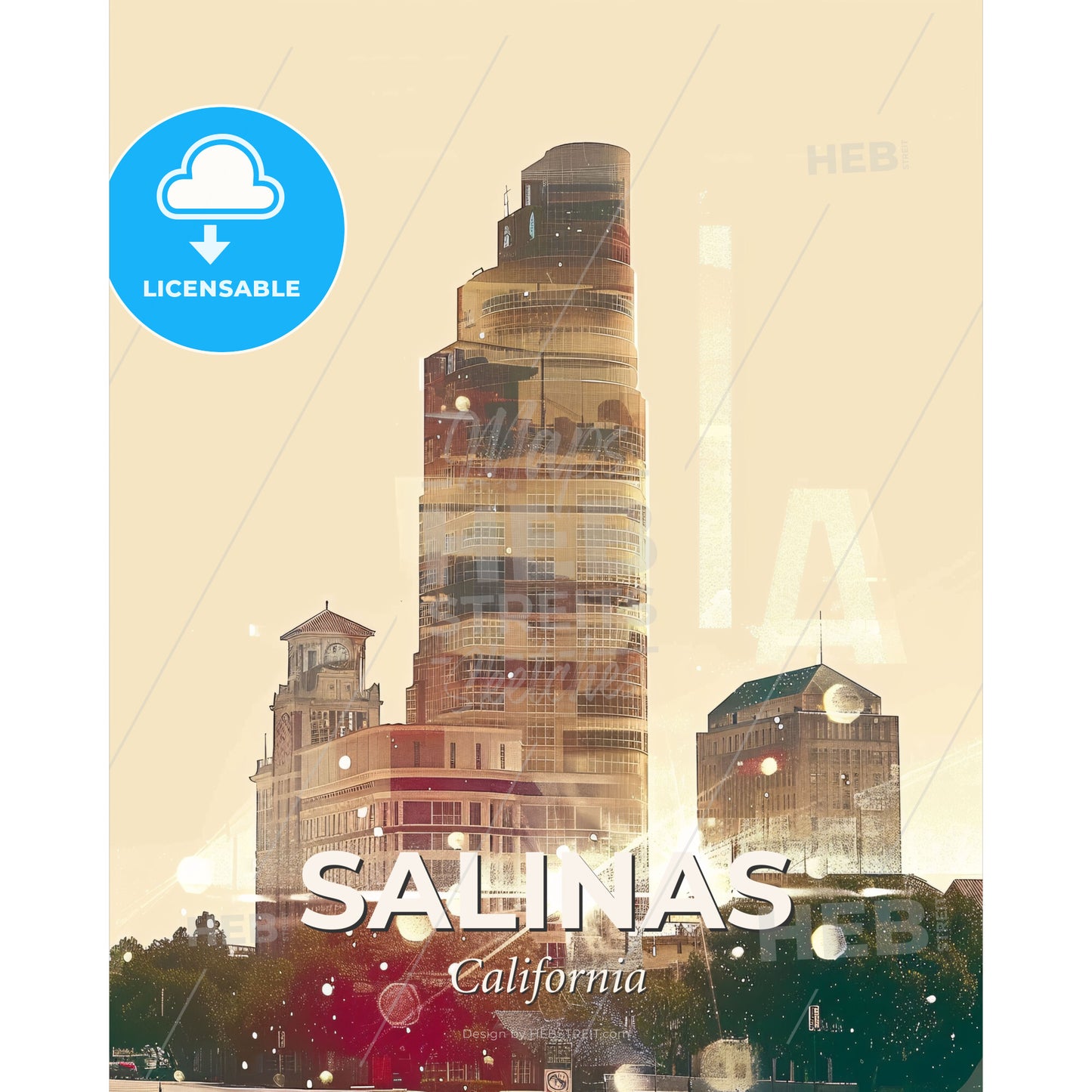 Salinas City Skyline Double Exposure Composite Poster Art - A tall building with a clock tower - Square format print template