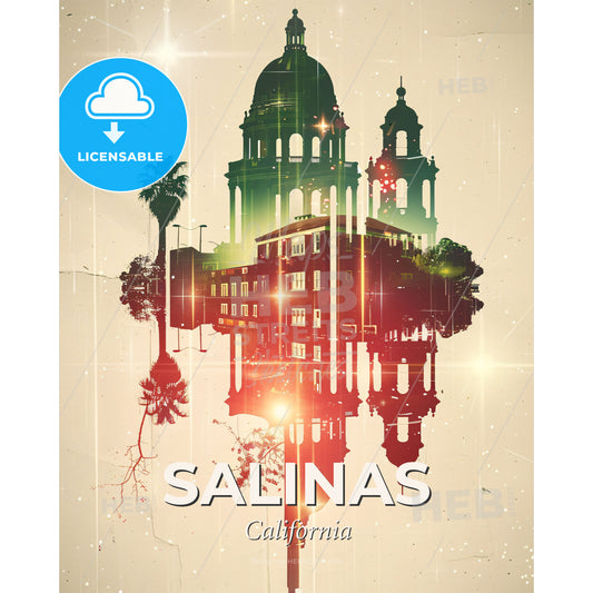 Salinas Skyline Double Exposure Sparkle Poster - A building with a dome and palm trees - Square format print template