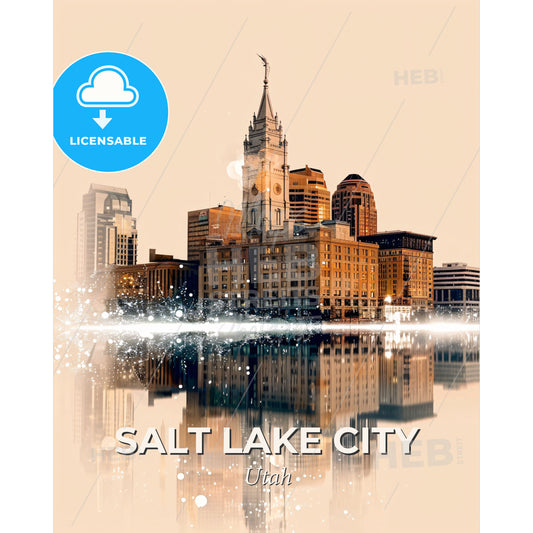 Salt Lake City Skyline Double Exposure Art Sparkles - A city with a clock tower and a reflection of water - Square format print template