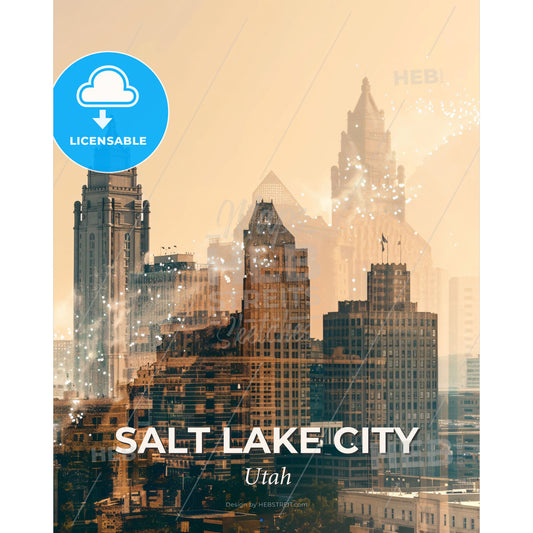 Salt Lake City Skyline Double Exposure Art - Lingaraja Temple skyline with many tall buildings - Square format print template