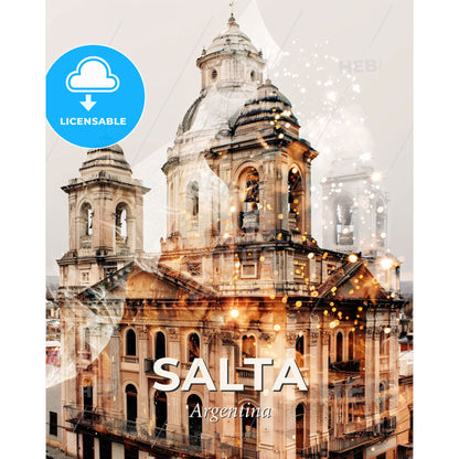 Salta City Skyline Pastel Composite Art Poster - A building with a dome and bell tower - Square format print template