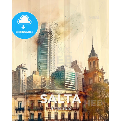 Salta Argentina Skyline Cityscape Art Deco Poster - A city skyline with trees and buildings - Square format print template