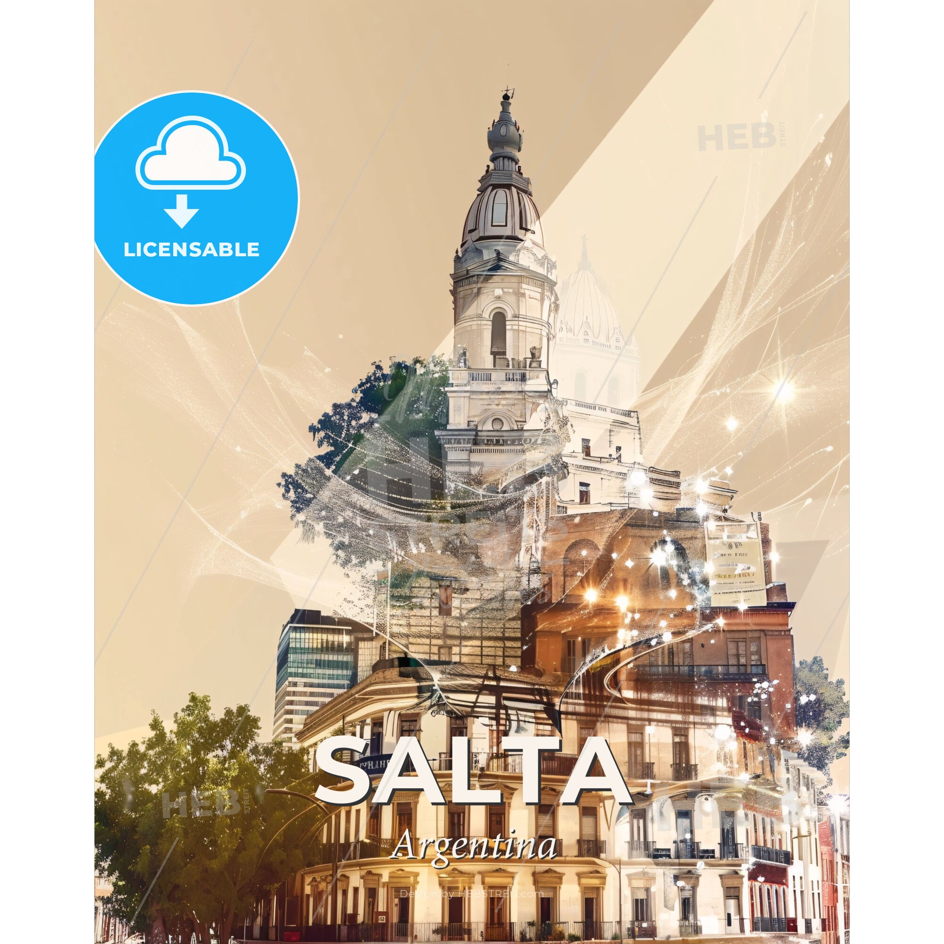 Salta, Argentina: Skyline Dreamscape on Paper - A building with a tower and a tree - Square format print template