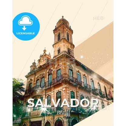 Salvador City Skyline Double Exposure Art - A building with a tower - Square format print template