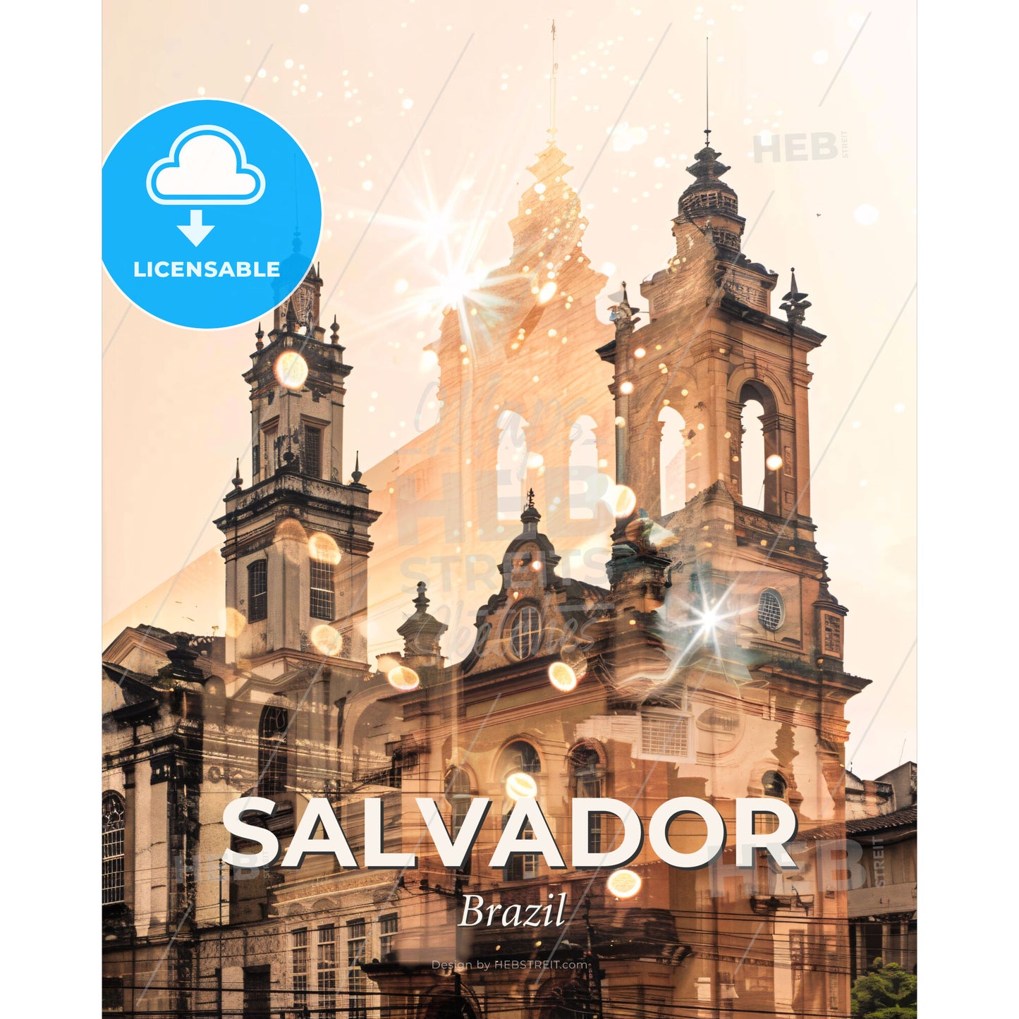 Salvador Skyline And Architecture Wonders Poster - A building with towers and lights - Square format print template