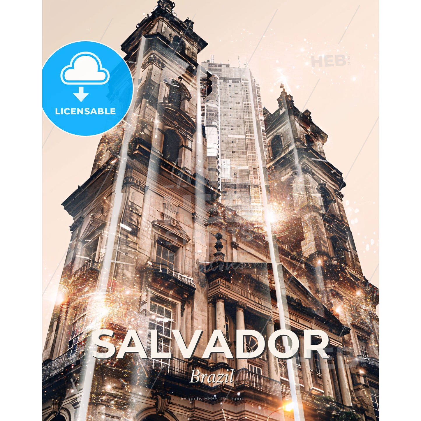 Salvador City Lights: Sunset Mirage Art Poster - A tall building with a tower - Square format print template