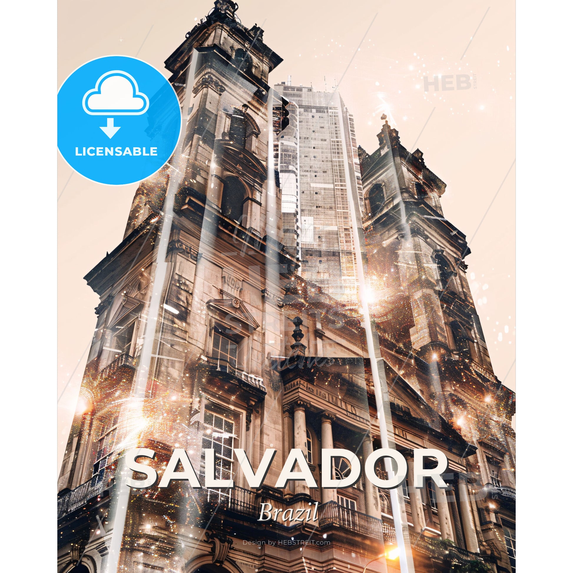Salvador City Lights: Sunset Mirage Art Poster - A tall building with a tower - Square format print template