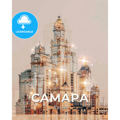 Samara Skyline Masterpiece Poster - A large building with many windows with Royal Liver Building in the background - Square format print template