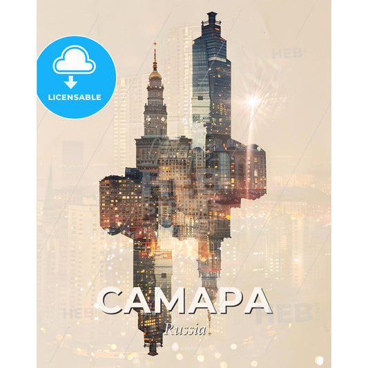 Samara: Double Exposure Art Cityscape Poster - A city skyline with many tall buildings - Square format print template