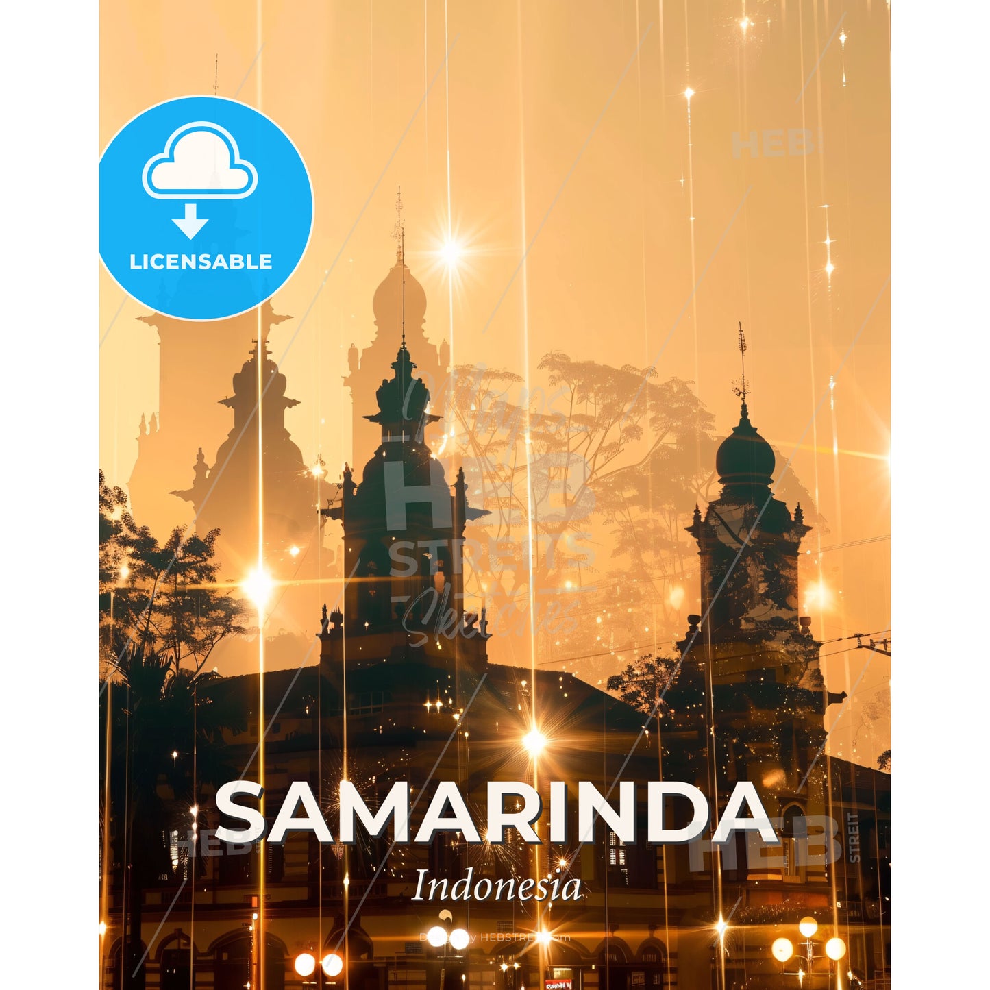 Samarinda Skyline Indonesia Double Exposure - A building with towers and lights - Square format print template