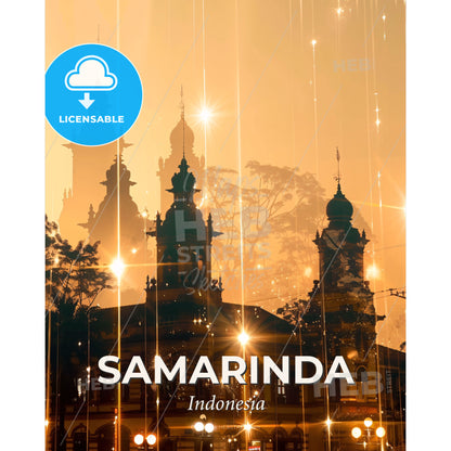 Samarinda Skyline Indonesia Double Exposure - A building with towers and lights - Square format print template