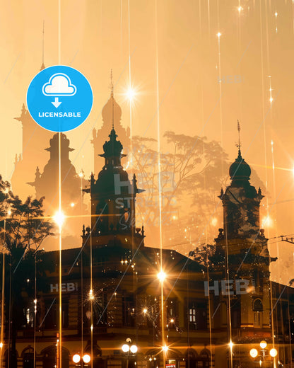 Samarinda Skyline Indonesia Double Exposure - A building with towers and lights