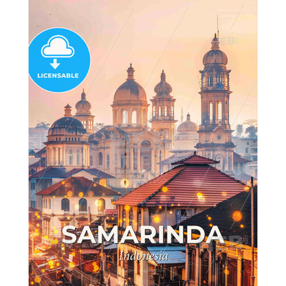 Samarinda Skyline Panorama Poster Art Print - A group of buildings with domes and a clock tower - Square format print template