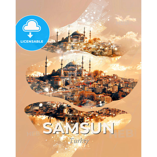 Samsun Skyline Double Exposure Art Poster - A collage of a city - Square format print template