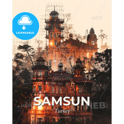 Samsun Turkey Double Exposure Skyline Art - A building with many towers and a tower on top - Square format print template