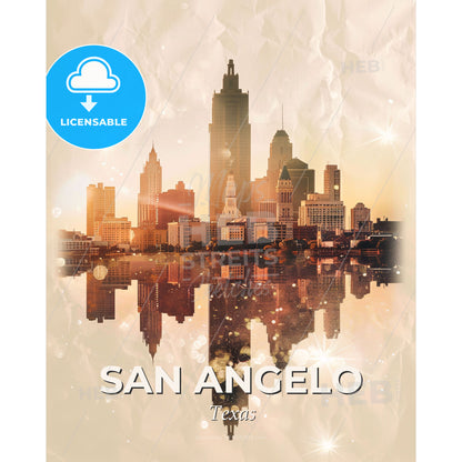 San Angelo City Skyline Double Exposure Poster - A city with a reflection of the sun - Square format print template