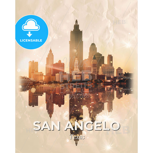 San Angelo City Skyline Double Exposure Poster - A city with a reflection of the sun - Square format print template