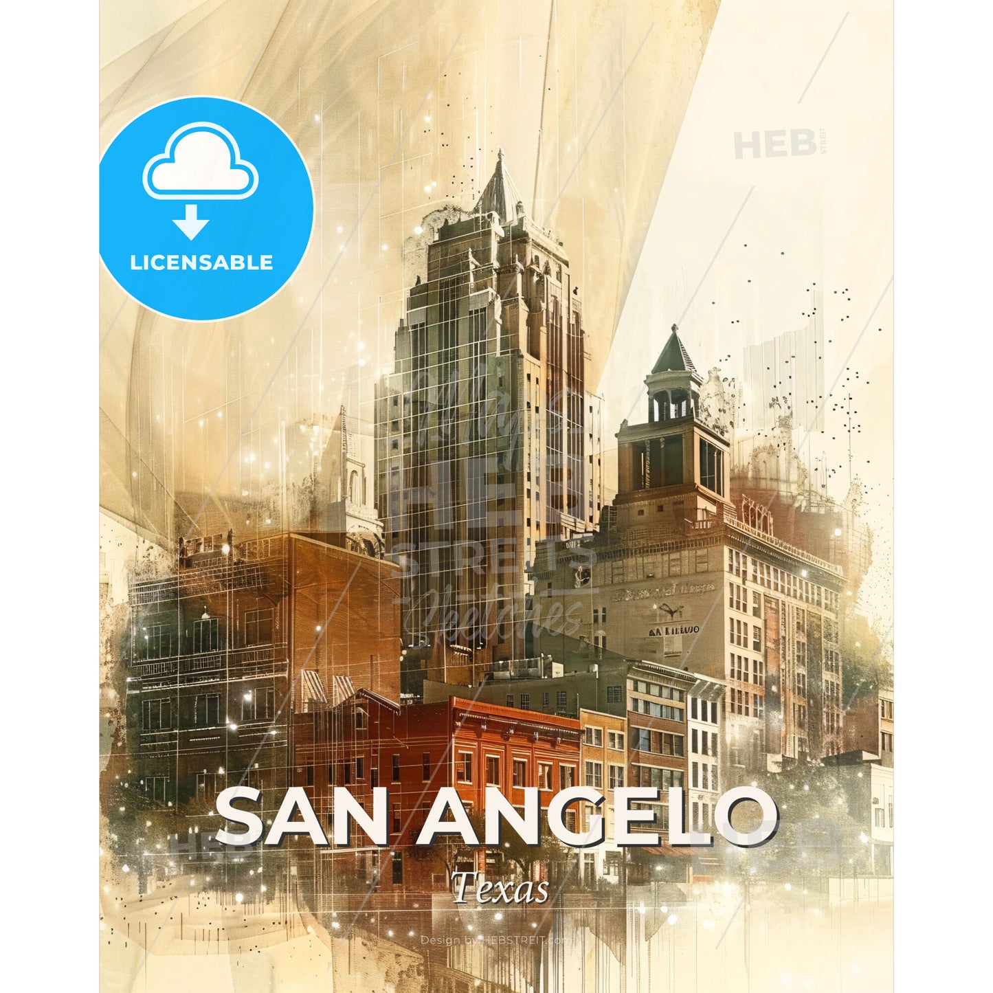 San Angelo Skyline Double Exposure Art Poster - A city skyline with many buildings - Square format print template