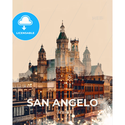 San Angelo Cityscape: Nighttime Elegance - A city buildings with a tower - Square format print template