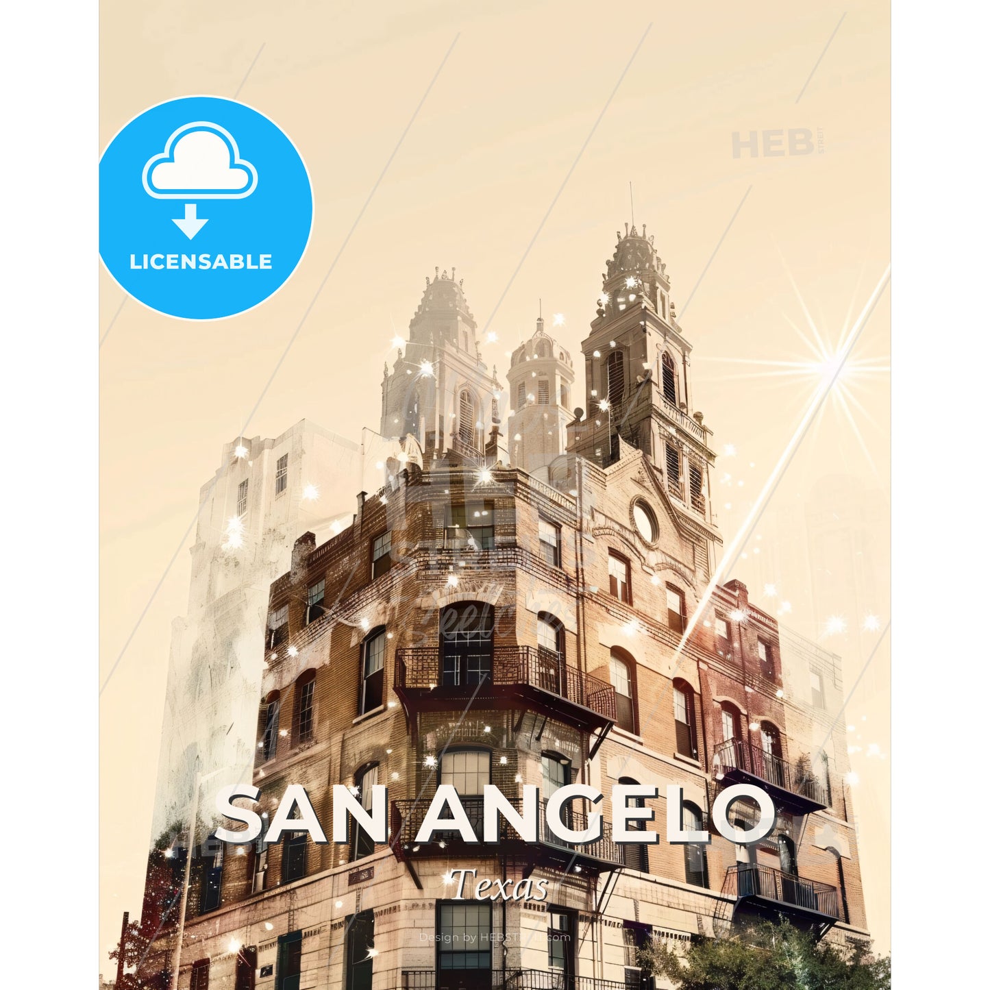 San Angelo Skyline Composite Art: City Lights and Icons - A building with many windows - Square format print template